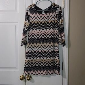 Lily Rose Retro zig zag pink white black tan dress Sz M NWOT